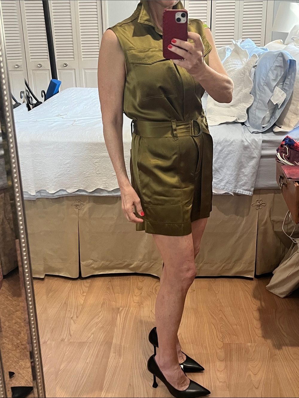Banana Republic 100% silk Olive Green Sleeveless Belted Romper